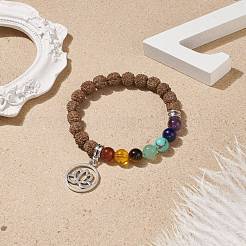 Bracelet extensible en bois de rudraksha naturel et mélange de pierres précieuses avec breloque en alliage de lotus&nbsp;BJEW-TA00151