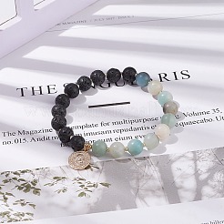 Bracelets élastiques ronds en amazonite et pierre de lave avec une pièce en laiton&nbsp;BJEW-TA00105