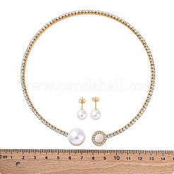 Круглые пластиковые серьги-гвоздики с имитацией жемчуга и комплекты колье-чокеров с кубическим цирконием и стразами&nbsp;SJEW-U003-05G