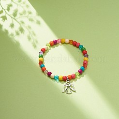 Bracciale elasticizzato con perline acriliche e turchese sintetico (tinto) con ciondolo in lega da donna&nbsp;BJEW-JB08627-05