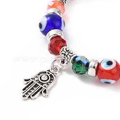Braccialetto elasticizzato con perline di vetro e malocchio a lume di colore casuale con ciondolo a forma di mano di hamsa in lega per le donne&nbsp;RELI-PW0001-036G