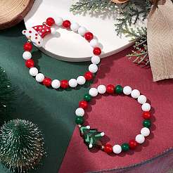 2 bracelet extensible en perles de jade mashan naturelles et de lawmwork sur le thème de Noël pour femmes et hommes&nbsp;BJEW-JB11148