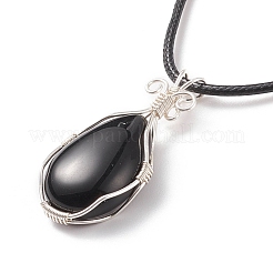 Collane con ciondolo a goccia in ossidiana naturale con cordini cerati da donna&nbsp;NJEW-TA00034-02