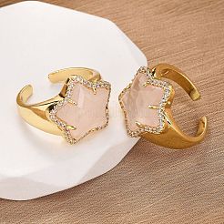 Звездный натуральный розовый кварц кубический цирконий манжеты кольца&nbsp;RJEW-M076-02G-05