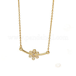 Collana da donna con ciondolo a forma di fiore in ottone con micro pavé di zirconi cubici trasparenti e catena in acciaio inossidabile 304.&nbsp;WG9CAE7-01