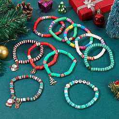 10 pièces 10 styles en argile polymère heishi bracelet extensible perlé ensembles pour noël&nbsp;sgBJEW-JB06128