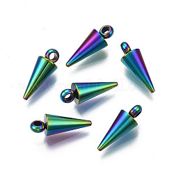 304 ciondoli in acciaio inossidabile, ciondolo a punta/cono, colore arcobaleno, 18x5mm, Foro: 2 mm