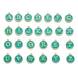 Anfangsbuchstabe a~z Alphabet Emaille Charms, flache runde Scheibe doppelseitige Charms, grün, 14x12x2 mm, Bohrung: 1.5 mm, 26 Stück / Set