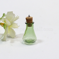 Пустые маленькие стеклянные пробковые подвески вазы, Подвески-бутылки желаний с железными петлями с платиновым покрытием, зеленый лайм, 16x27 мм