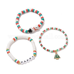 3 pièces 3 styles ensemble de bracelets extensibles en argile polymère heishi surfeur, Bracelet empilable de breloques d'émail d'alliage d'arbre de Noël avec le bonhomme de neige perlé pour des femmes, couleur mixte, diamètre intérieur: 2-1/8~2-1/4 pouce (5.3~5.8 cm), 1pc / style