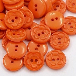 Acrylic Sewing Buttons for Clothes Design, Plastic Buttons, 2-Hole, Dyed, Flat Round with Flower Pattern, Dark Orange, 12.5x3mm, Hole: 1mm