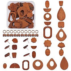 Kits de fabricación de pendientes de gota de geometría de diy, incluyendo aretes y colgantes ovalados, abanicos, flores, cuadrados y lágrima de madera de nogal, saddle brown, 68 unidades / caja