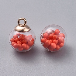 Transparent Glass Globe Pendant, with Glass Beads inside and CCB Plastic Pendant Bails, Round, Golden, Orange Red, 21x16mm, Hole: 2mm