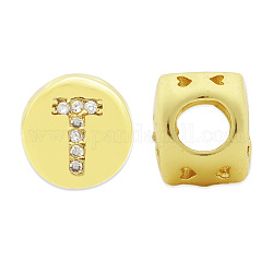 Brass Micro Pave Clear Cubic Zirconia Beads, Flat Round with Letter, Letter.T, 7.5x6.5mm, Hole: 3.5mm, 3pcs/bag
