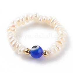 Bagues extensibles en perles d'eau douce de culture naturelles, avec des perles rondes faites à la main au chalumeau et de véritables perles en laiton plaqué 18k or véritable, bleu, diamètre intérieur: 19 mm