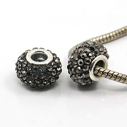 Resin Rhinestone European Beads, Large Hole Beads, with Silver Color Brass Double Cores, Rondelle, Hematite, 15x9mm, Hole: 5mm
