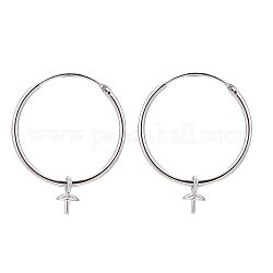 Rhodium Plated 925 Sterling Silver Hoop Earring Findings, Platinum, 25x20x1.2mm, Tray: 4mm, Pin: 0.6mm