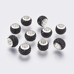 304 Stainless Steel European Beads, with Polymer Clay Rhinestone, Large Hole Beads, Rondelle, Jet, 11x7.5mm, Hole: 5mm