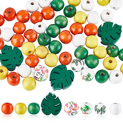 Sunnyclue 100 pièces 7 styles de perles en bois naturel peintes à la bombe, rond et feuille, formes mixtes, couleur mixte, 16~29.5x16~28x8~19.5mm, Trou: 3~5.1mm