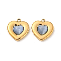 304 charms in acciaio inox, con occhio di gatto, fascino cuore, vero placcato oro 14k, azzurro acciaio chiaro, 14x13x3.5mm, Foro: 1.2 mm