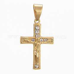 304 Stainless Steel Pendants, For Easter, with Rhinestone, Crucifix Cross, Golden Tone, Crystal, 39x26x5.5mm, Hole: 11x8mm