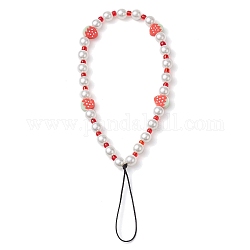 Fruits en argile polymère et perles imitées et sangles mobiles en perles de verre, décoration d'accessoires mobiles en fil de nylon tressé, fraise, 19.5~20 cm, pendentifs: 10~11x8~9x4 mm
