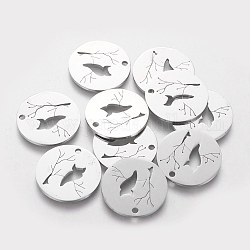 201 Stainless Steel Pendants, Flat Round with Owl, Stainless Steel Color, 20x1.1mm, Hole: 1.5mm