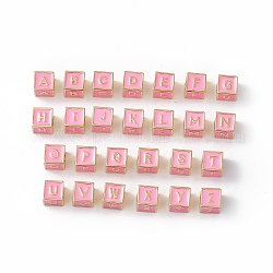 Accumuler des perles d'émail en laiton placage, Sans cadmium & sans nickel & sans plomb, véritable 18k plaqué or, cube avec la lettre a`z, perle rose, 6x6x6mm, Trou: 2.5mm