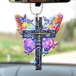Bunte Schmetterlings-Glauben-Jesus-Kreuz-Acryl-Anhängerdekoration, für Auto-Rückspiegel-Hängeornament, 315 mm, Anhänger: 78x67x3.5