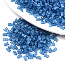 Perles de rocaille en verre, peinture de cuisson, 2 trou, arc-en-ciel de couleurs givrées transparentes, rectangle, bleu acier, 4.5~5.5x2x2~2.5mm, Trou: 0.5~0.8mm, environ 250 pcs/10 g