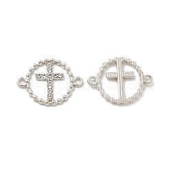 Alloy Connector Charms with Crystal Rhinestone, Nickel, Ring Links with Religion Cross, Platinum, 16x21x2mm, Hole: 1.6mm