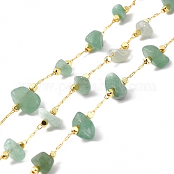 Handmade Beaded Chain, with Brass Cable Chain & Chip Natural Green Aventurine Link Chain, Long-Lasting Plated, Soldered, Golden, 3~8x3~16mm, 32.80Feet/roll(10m/roll)