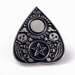 Pin de esmalte de tablero de adivinación de corazón con calavera, insignia de aleación de platino palabra hola adiós para ropa de mochila, negro, 30x25x1.5mm