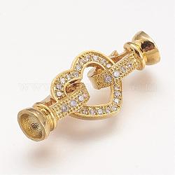 Brass Micro Pave Cubic Zirconia Fold Over Clasps, Heart, Golden, 31x12x7mm, Hole: 1mm