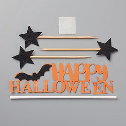 Décoration de carte d'insertion de gâteau en papier thème halloween bricolage, avec tige en plastique, pour la décoration de gâteaux, chauve-souris et mot joyeux halloween, couleur mixte, 42x147x1mm