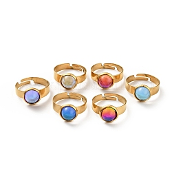 Плоское круглое регулируемое кольцо из стекла k9, 304 украшение из нержавеющей стали для женщин, золотые, разноцветные, размер США 6 1/4 (16.7 мм), кольцо поверхность: 10x6mm