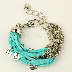 Valentines Day Unique Gifts for Her Multi-strand Faux Suede Cord Bracelets, with Iron Twisted Chains and Tibetan Style Lobster Claw Clasps, Cyan, 255x20mm