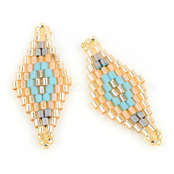 Miyuki & toho perles de rocaille japonaises, Liens faits à la main, motif de losange métier à tisser, turquoise, 31~32.5x13~13.5x1.5~2mm, Trou: 1mm