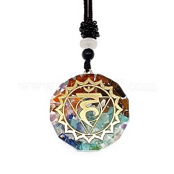 Colliers à pendentif en pierres mélangées naturelles et synthétiques chakra orgonite, collier en fil de nylon pour femme, plat rond, fleur, 25.59 pouce (65 cm)
