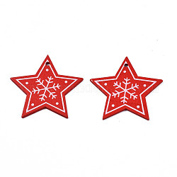 Weihnachtsthema lackierte Holzanhänger, einseitig bedruckt, Stern mit Schneeflocke, rot, 47x49x2.5 mm, Bohrung: 2 mm