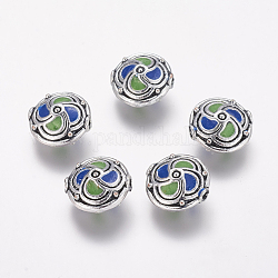 Flat Round Handmade Indonesia Beads, with Alloy Cores, Antique Silver, Lime Green, 14x8mm, Hole: 1.5mm
