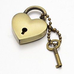 Herz Lock & Key-Zink-Legierung Verschlüsse Schnallen, mit Eisenkugel Kette und Zubehör, Antik Bronze, 65 mm