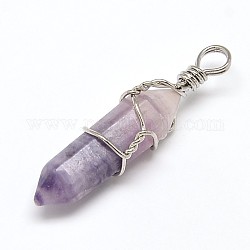 Faceted Bullet Natural Fluorite Double Terminated Pointed Pendants, with Platinum Tone Brass Findings, 39~44x10~12mm, Hole: 3.5mm