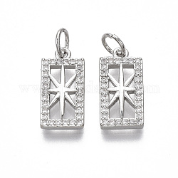 Brass Micro Pave Clear Cubic Zirconia Pendants, with Jump Ring, Nickel Free, Rectangle with Star, Real Platinum Plated, 15x7.5x2mm, Hole: 3mm