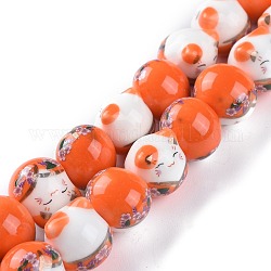 Perles de porcelaine imprimées manuelles, chat porte-bonheur avec motif de fleurs, orange, 15mm, Trou: 2.3mm, Environ 25 pcs/chapelet, 13.58'' (34.5 cm)