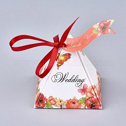 Boîte d'emballage de bonbons en forme de pyramide, coffret cadeau fête de mariage joyeux jour, avec ruban et carte papier, motif de fleur, rouge foncé, 7.5x7.5x7.6 cm, ruban: 43.5~46x0.65~0.75 cm, carte de papier: 6.5x2.7cm