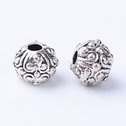 Tibetischer stil legierung perlen, Runde mit Blume, Cadmiumfrei und Nickel frei und Bleifrei, Antik Silber Farbe, 11x8~8.5 mm, Bohrung: 3 mm