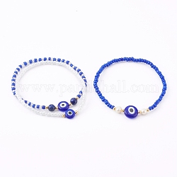 Bracelets extensibles en perles de verre, bracelets empilables, avec des perles naturelles et des perles de lapis-lazuli (teintes) et des perles au chalumeau mauvais œil, bleu, diamètre intérieur: 2-1/8~2-1/4 pouce (5.4~5.6 cm), 3 pièces / kit