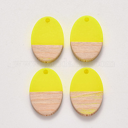 Colgantes de resina & madera, encerado, oval, amarillo, 23x15.5x3~4mm, agujero: 2 mm