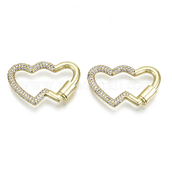 Brass Micro Pave Cubic Zirconia Screw Carabiner Lock Charms, for Necklaces Making, Heart to Heart, Nickel Free, Real 16K Gold Plated, Clear, 21x32x3mm, Screw: 8x5mm